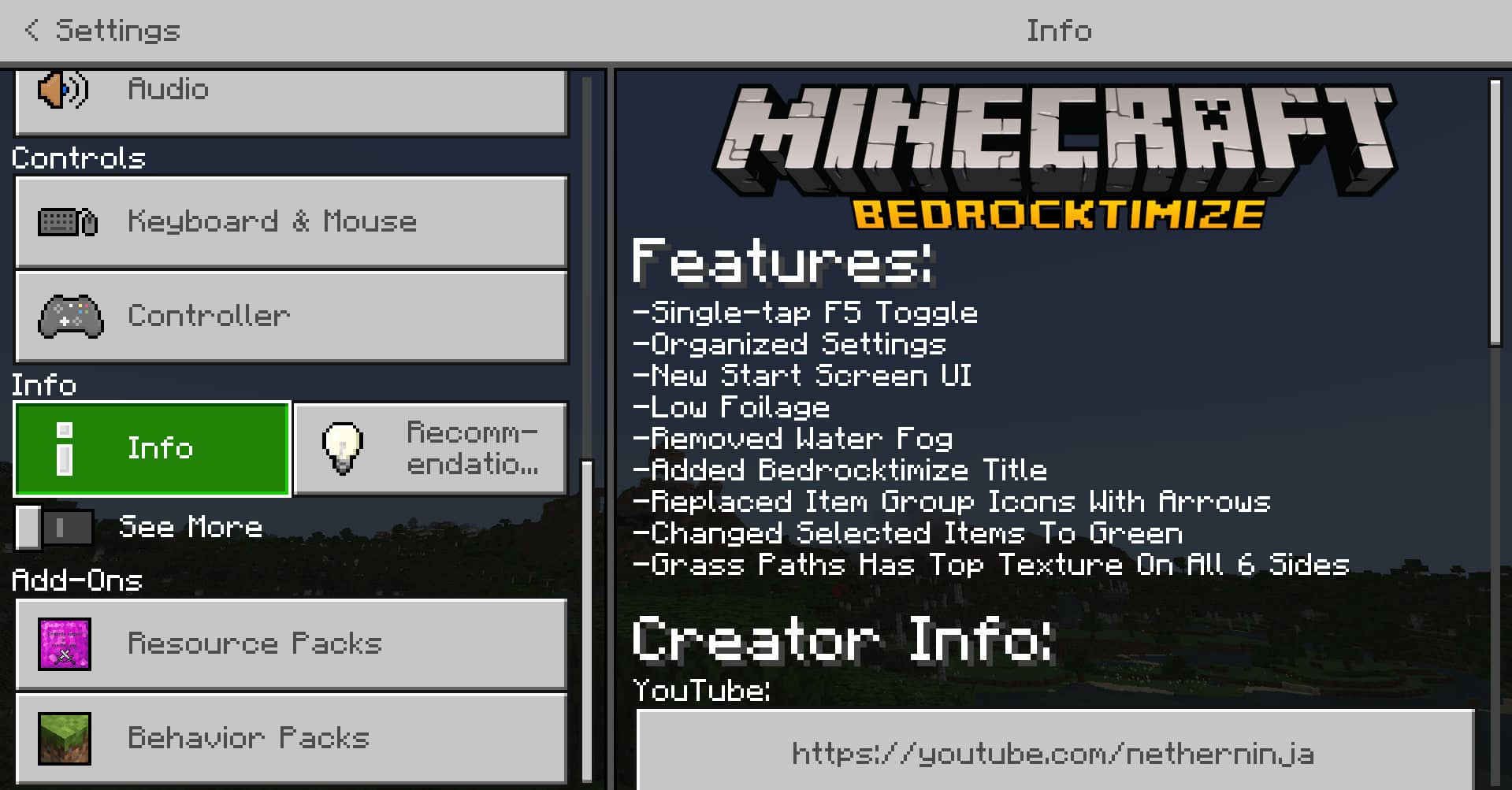 Bedrocktimize Pack Quick Settings Addon