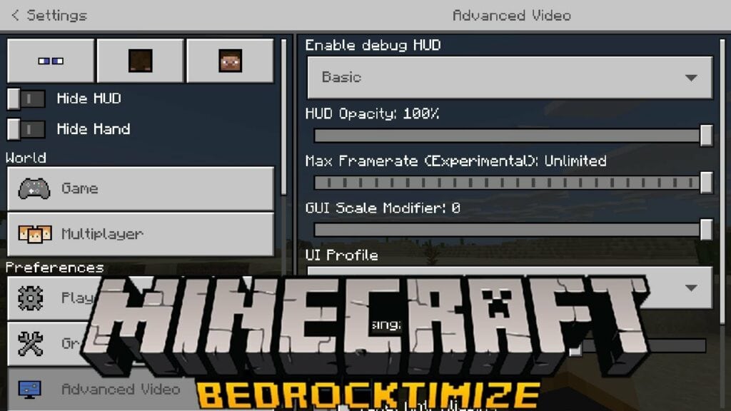 Bedrocktimize Pack (Quick & Organized Settings + FPS Options)